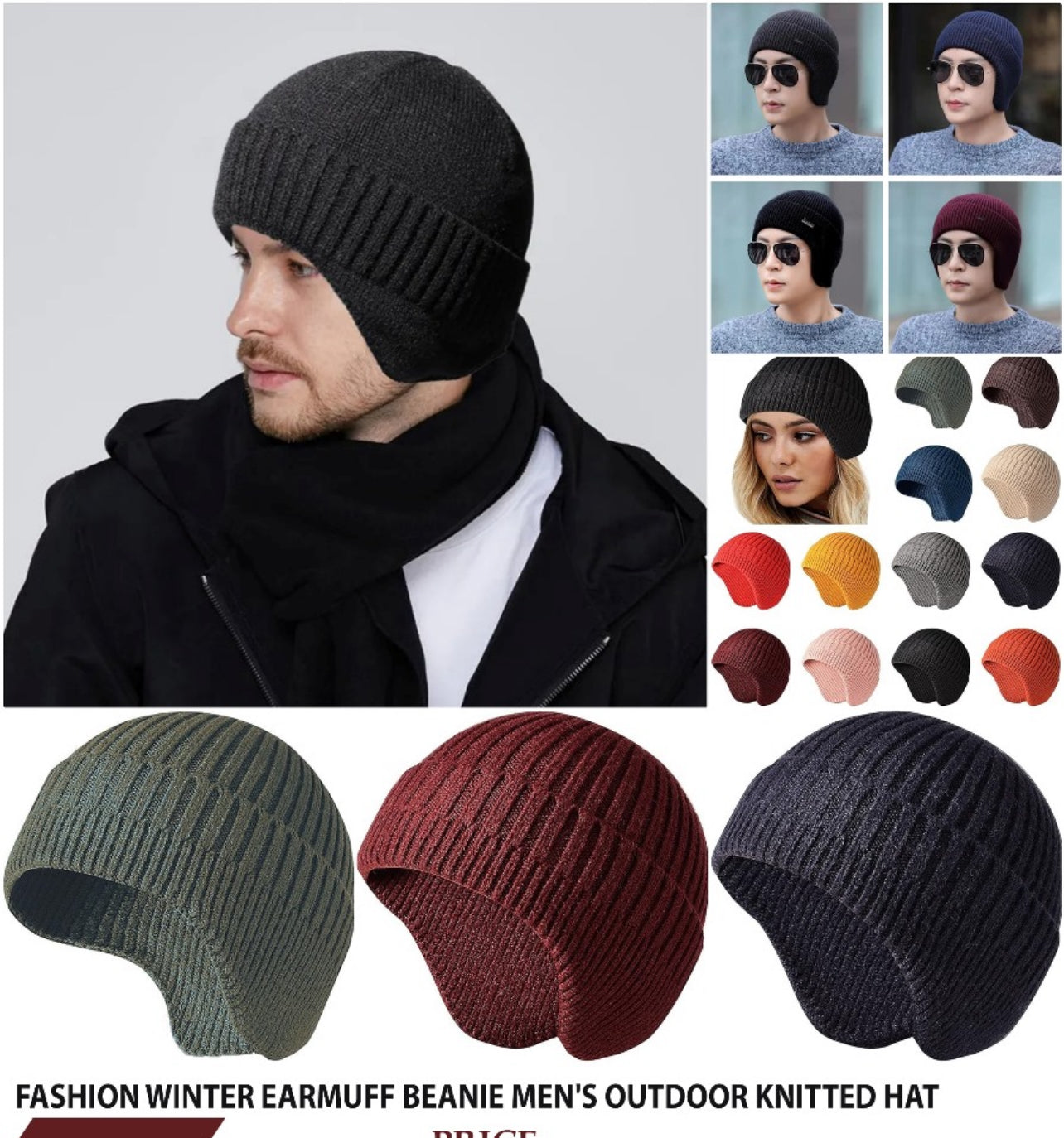 Ear Protection Beanie Hat Warm Peaked Knit Cap Winter Bomber Hats Men
