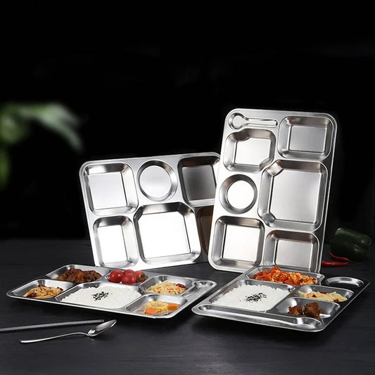 Stainless Steel Divided Dinner Tray Lunch Container Food Plate for School Canteen 6 Section