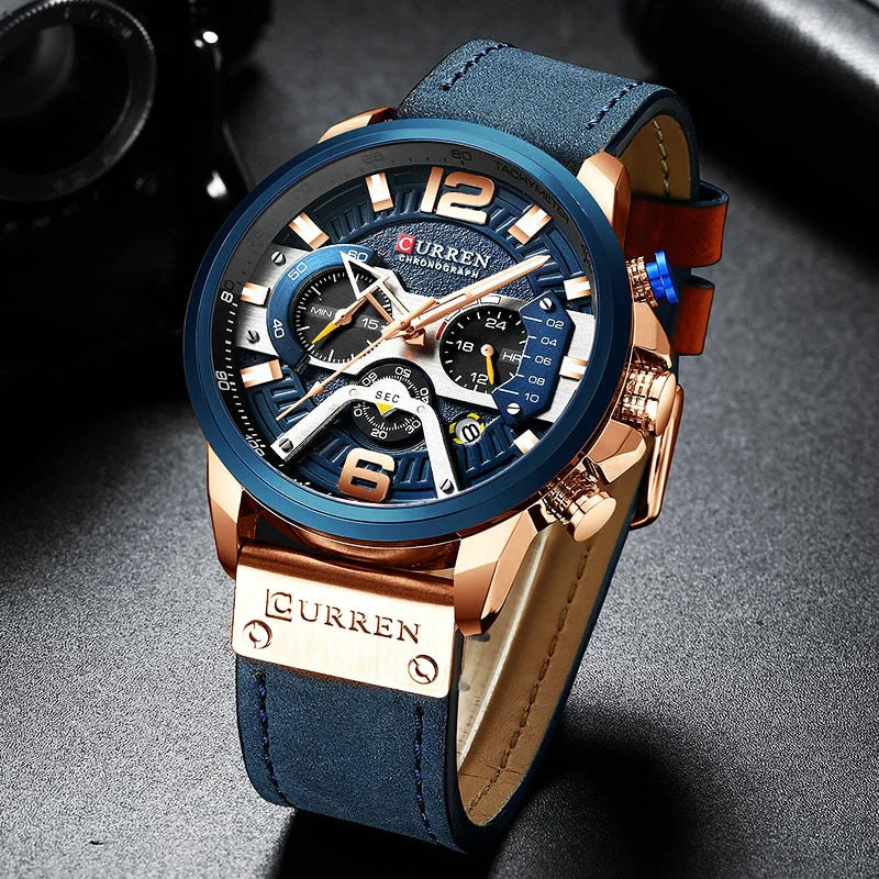 CURREN Unique Design Mens Business Quartz Watch Leather Strap Waterproof Sports Chronograph # 8329