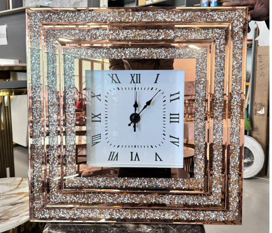 Crushed Diamond Mirrored Roman Clock Square 60cm Available In Gold or Silver