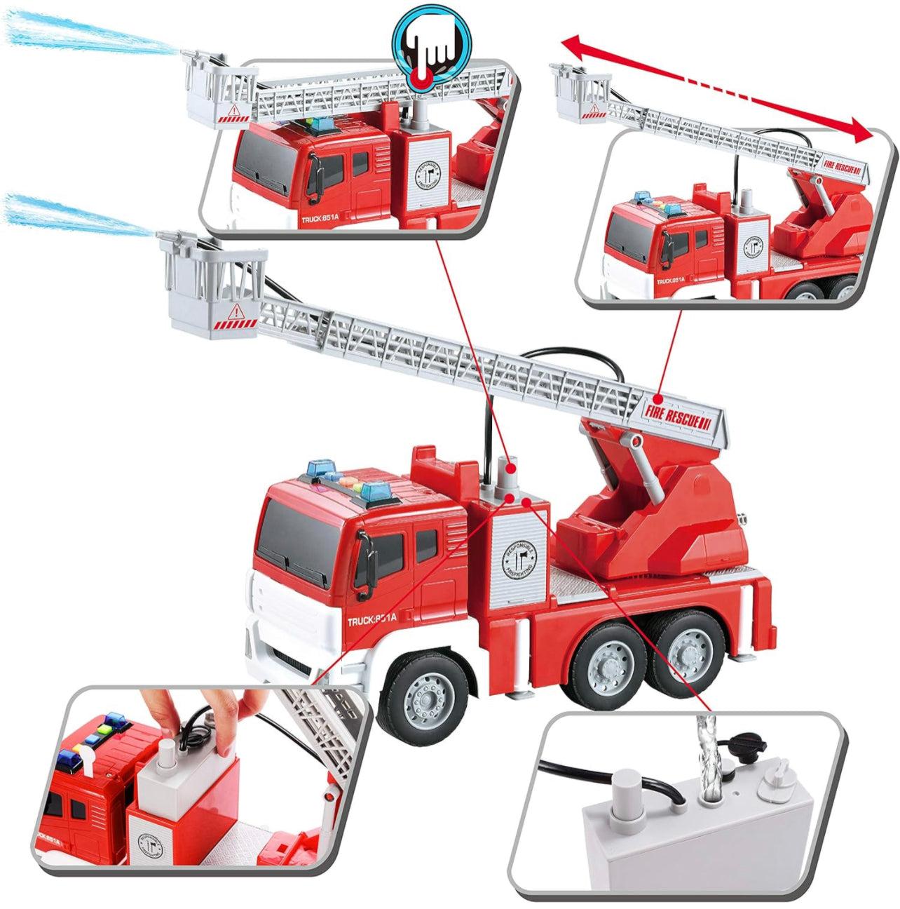 Fire Truck Toy Jumbo Friction Powered Fire Engine Truck with Lights and Sounds/Sirens, Rescue Boom, and Water Pump Hose to Shoot Water 1:16scale