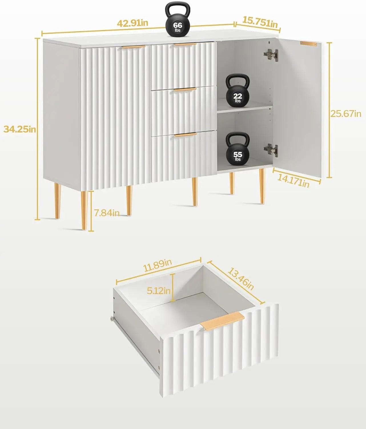 White Fluted Sideboard Buffet Cabinet with Drawers and Adjustable Shelves - Available In White or Brown / PreOrder Sales Now Available!