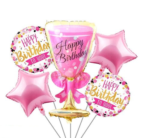 5 Set Happy Birthday Wine Glasses Foil Balloons Bouquet