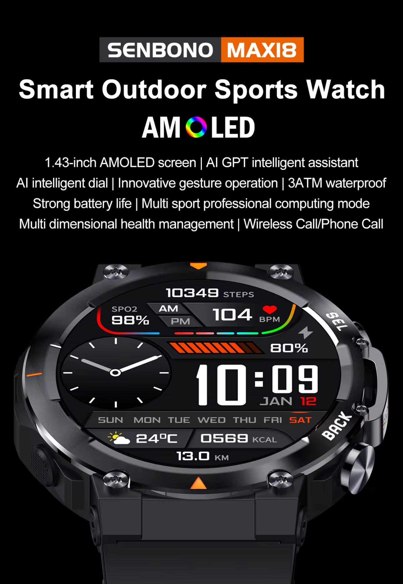 SENBONO MAX18 AI AMOLED Smart Watch Bluetooth Call Big Battery Fitness Tracker Sport Smartwatch for Men & Women Android IOS