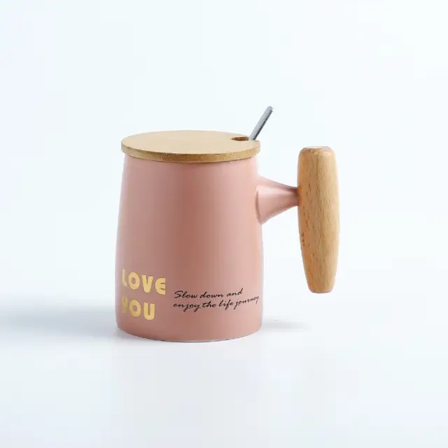 Ceramic Coffee ,Tea Mug with Wood Lid and Handle and spoon