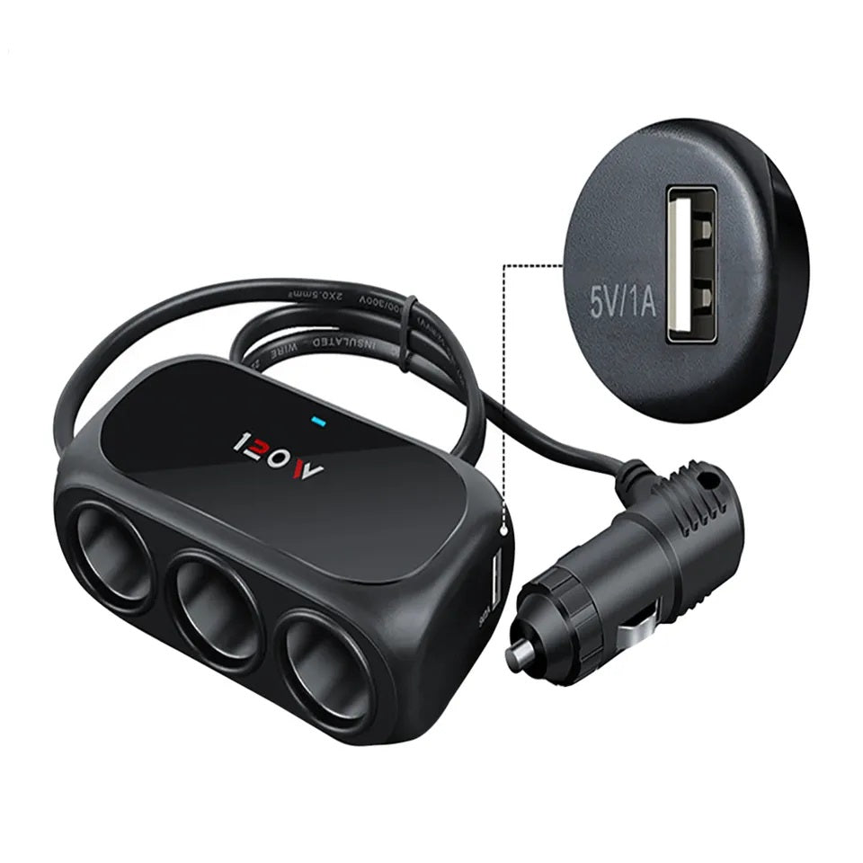 Universal Car Cigarette Lighter Socket 3 Way Power Adapter 120W LED Splitter Dual USB Charger