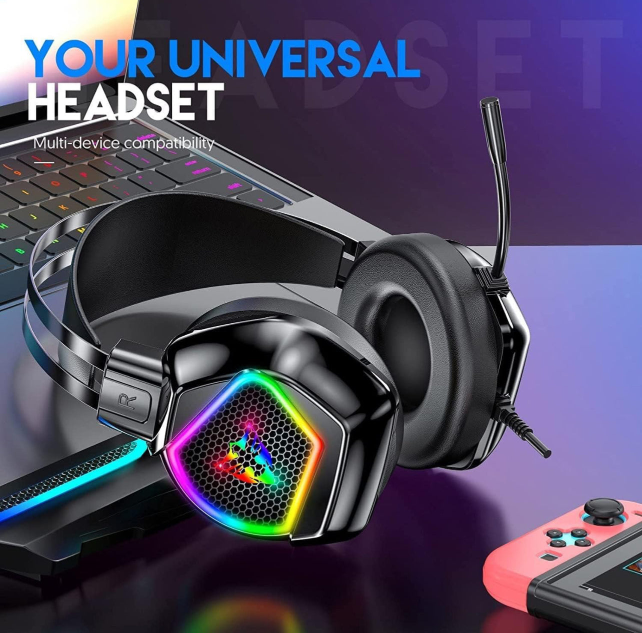 Noise Audio Cancelling Control RGB Headphones Over-Ear USB Mic and Gaming Wired Headse