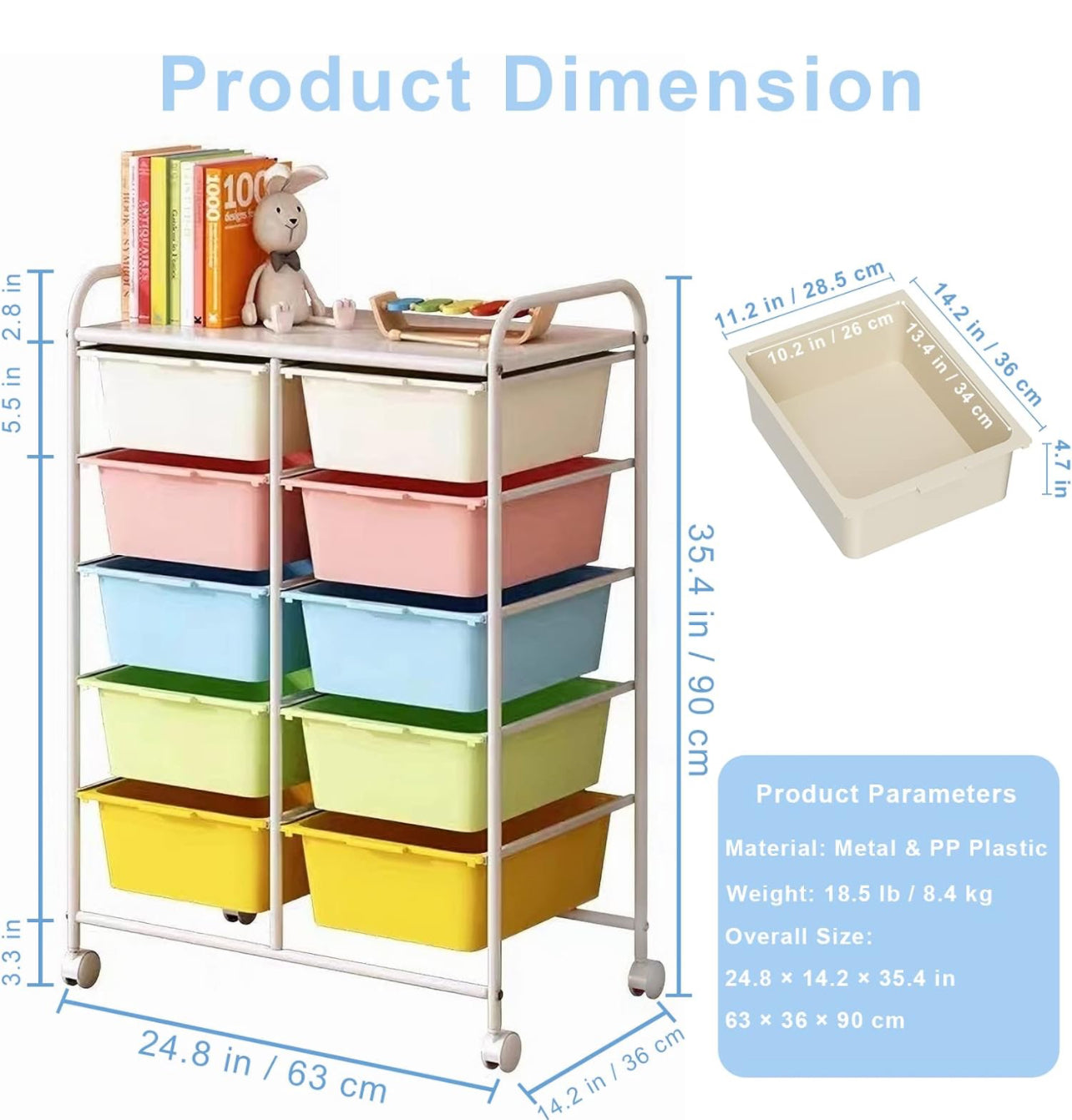 10 Drawers Rolling Storage Cart, Multicolor