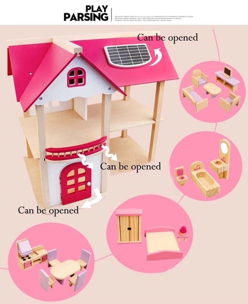 Kids Wooden Doll House with Doll Room Furniture Toys