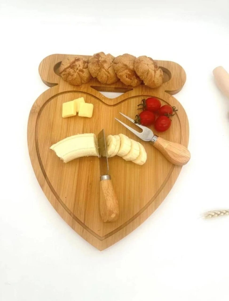 1pc Bamboo Cheese Knife & Fork & 1pc Cutting Board