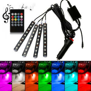 4PCS Car LED RGB Lights Strip Interior Atmosphere Lamp + Remote Control