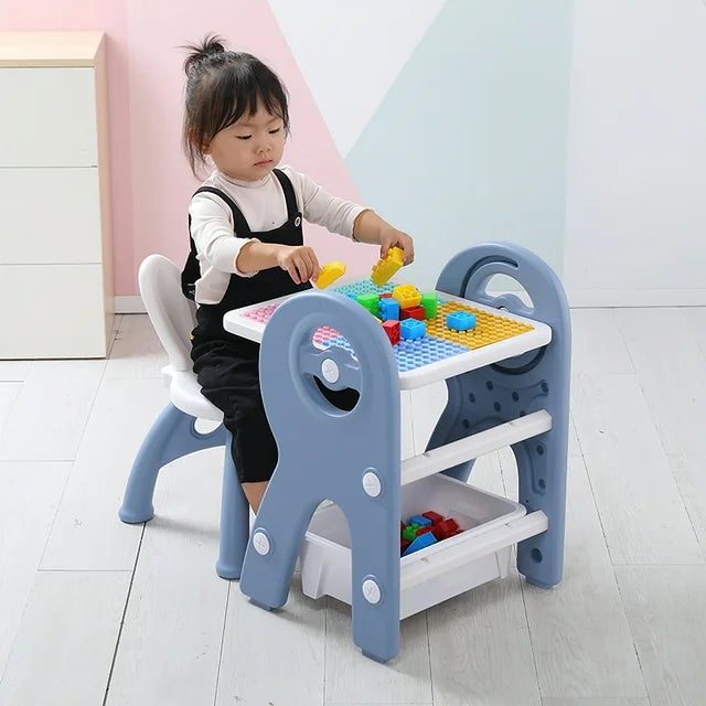 Kids Table and Chair Set 3 in 1 Convertible Children Art Magnetic Easel Kids 60pcs Blocks Table & Pen & Storage Basket for Boys Girls Non-toxic Durable Plastic