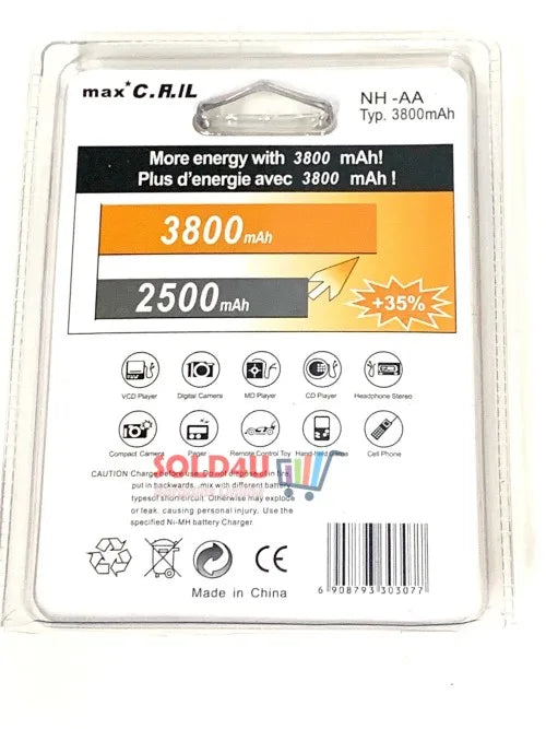 AA Ni-MH Rechargeable Batteries 3800 mAh Pack of 4