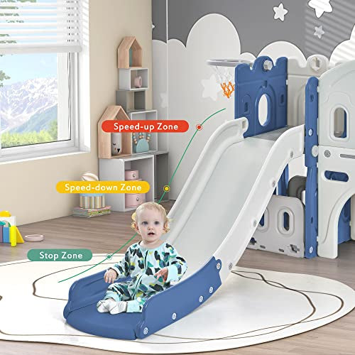 Kids Slide with Climber, Basketball Hoop, Tunnel and Storage Space, Outdoor Indoor Slide Playset for Toddlers Age 1-12