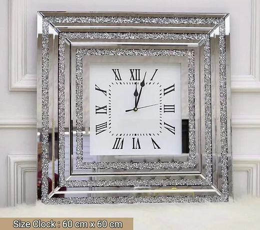 Crushed Diamond Mirrored Roman Clock Square 60cm Available In Gold or Silver