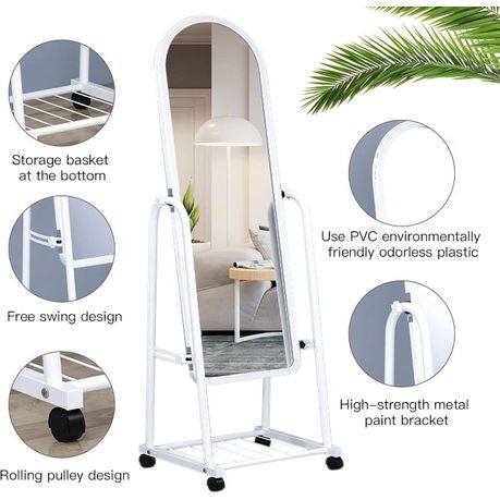 Full Length Free Standing Mirror On Wheels - Available In White or Black