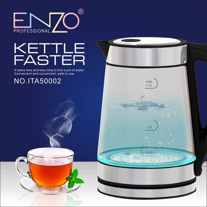 ENZO Glass & Stainless Steel Blue 1.7L Electric LED Kettle