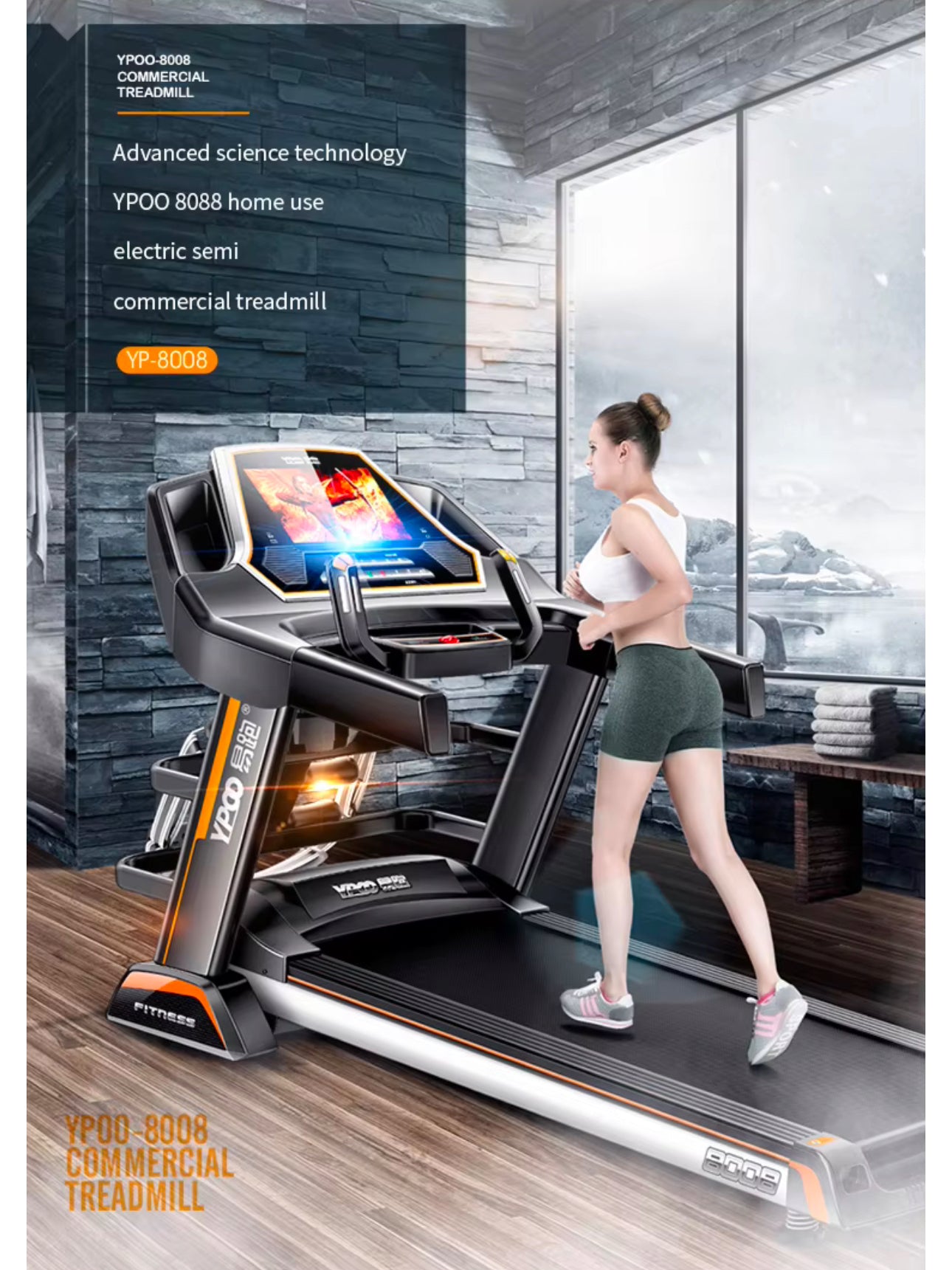 PRO-SPORTZ 8008 (F88)Digital Treadmill Exercise Fitness Machine 150KG Semi Commercial Treadmill With Kinomaps, Swift & Yfit Apps. 7” TFT Screen & Bluetooth.