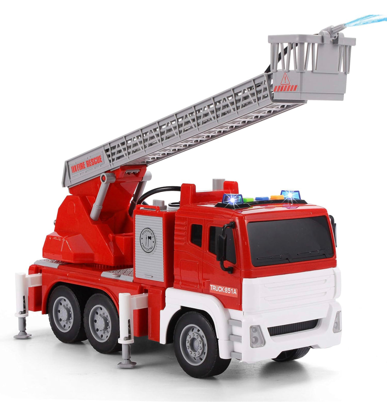 Fire Truck Toy Jumbo Friction Powered Fire Engine Truck with Lights and Sounds/Sirens, Rescue Boom, and Water Pump Hose to Shoot Water 1:16scale