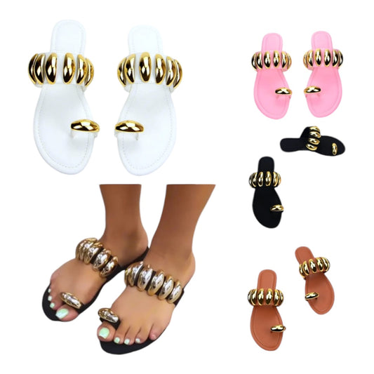 Women Fashionable Comfortable Flat Sandals With White Fabric, Gold Buckle Design And Round Toe Opening For Daily Wear - Various Colours