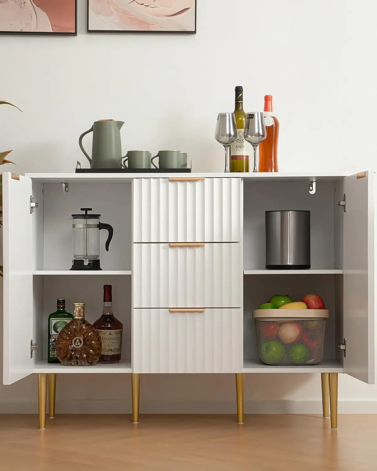 White Fluted Sideboard Buffet Cabinet with Drawers and Adjustable Shelves - Available In White or Brown / PreOrder Sales Now Available!