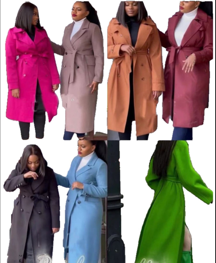 Winter Long Dress Coat Classic Lapel Open Front Jacket Outerwear with Belt Maxi Overcoat-Various Colours