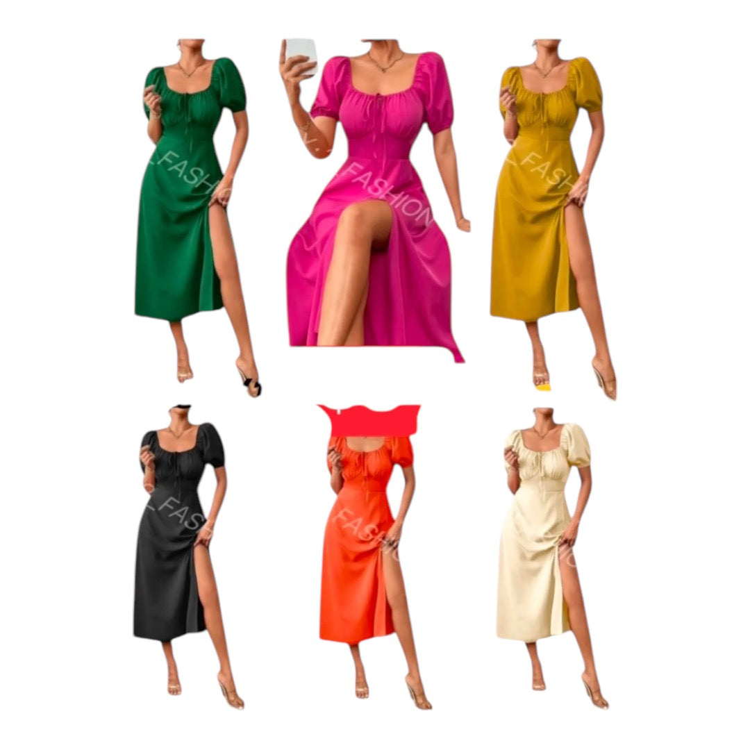 Women's Casual Neck Puff Sleeve Ruched Slit Thigh Midi Dress Slim Fit High Waist