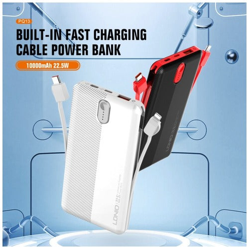 LDNIO PQ13 - 10000mAh Power Bank with Built-in Cables - 22.5W MAX - BLACK