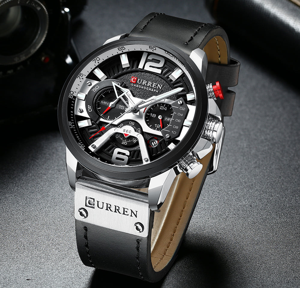 CURREN Unique Design Mens Business Quartz Watch Leather Strap Waterproof Sports Chronograph # 8329