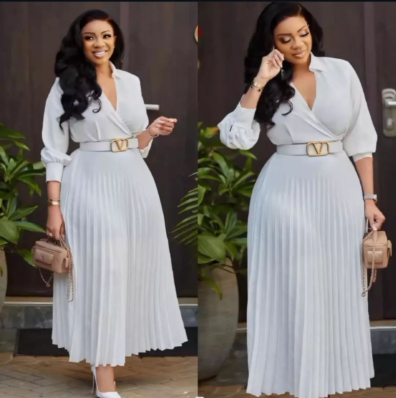 V - Neck Collared Long sleeved Pleated Maxi Dress