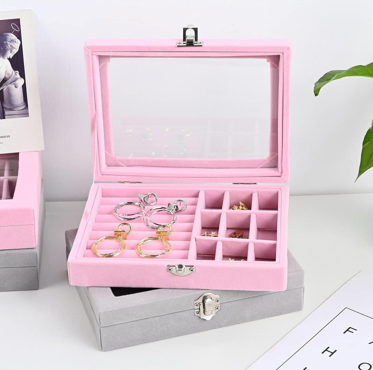 Jewelry Box Jewelry Organizer Cloth Home Place Jewelry Jewelry Watch Earrings Ring Packing Box Removable Divider Jewelry Organizer Jewelry Organiser - Pink & White Only