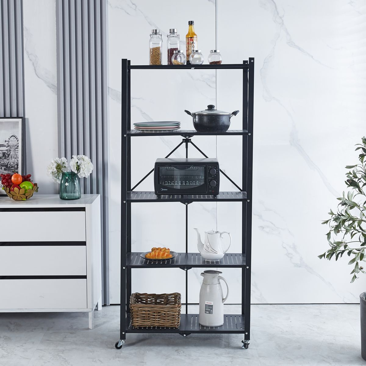 5 Tier Folding Storage Organizing Rack with Wheels