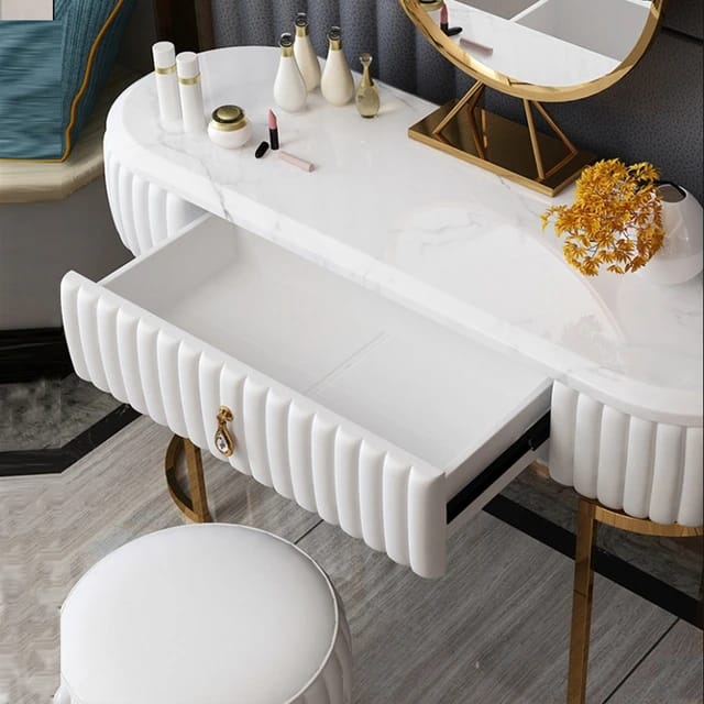 Modern Luxury Dressing Table Marble Top Steel Legs Console Table With Mirror And Stool