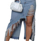 Women's Distressed Frayed Long Denim  Jean Skirt