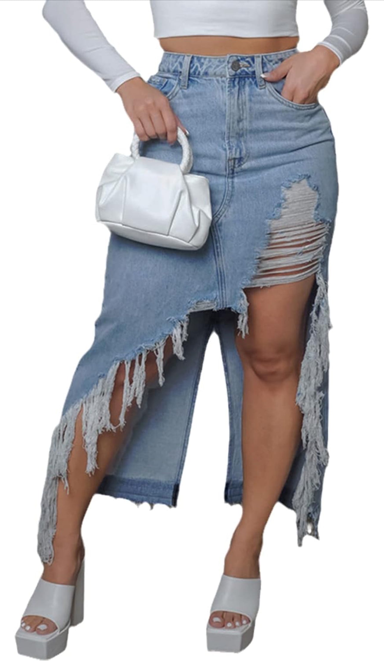 Women's Distressed Frayed Long Denim  Jean Skirt