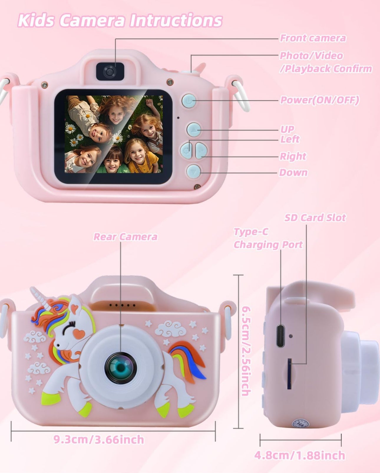 Unicorn Kids Camera, Christmas Birthday Gifts for Girls Boys, 1080P HD Selfie Digital Video Camera for Toddlers, Cute Portable. Various Colours