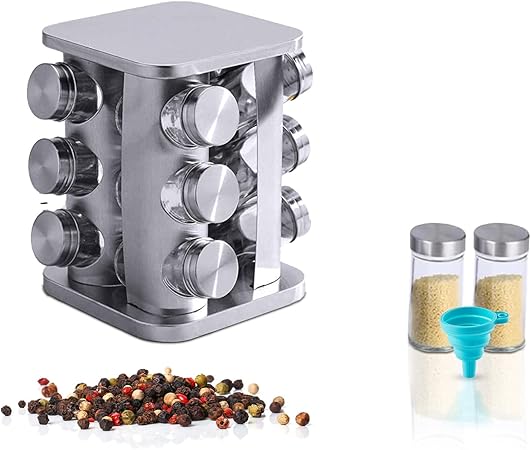 Stainless Steel 360 Rotatable Spice Rack & 12 Jars With Lids and Labels