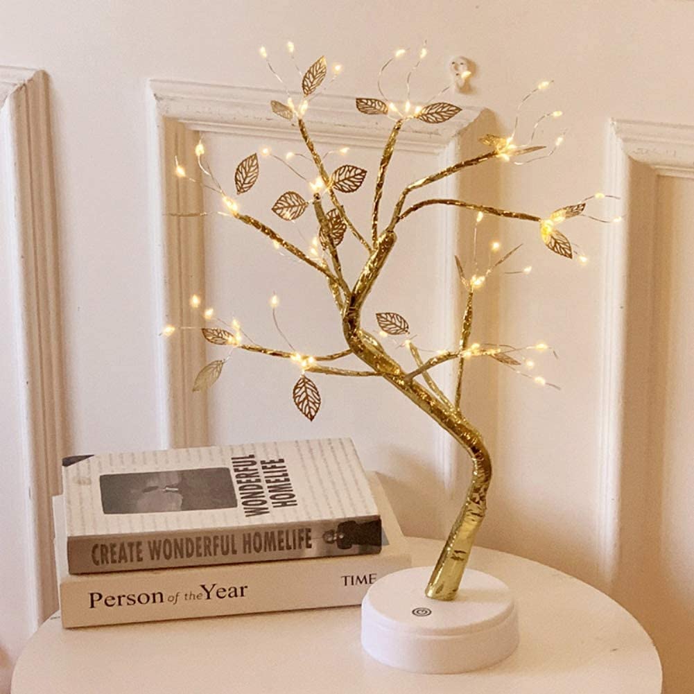 72 LED Golden Leaves Tree Table Lamp With Base DC USB /Battery Operated