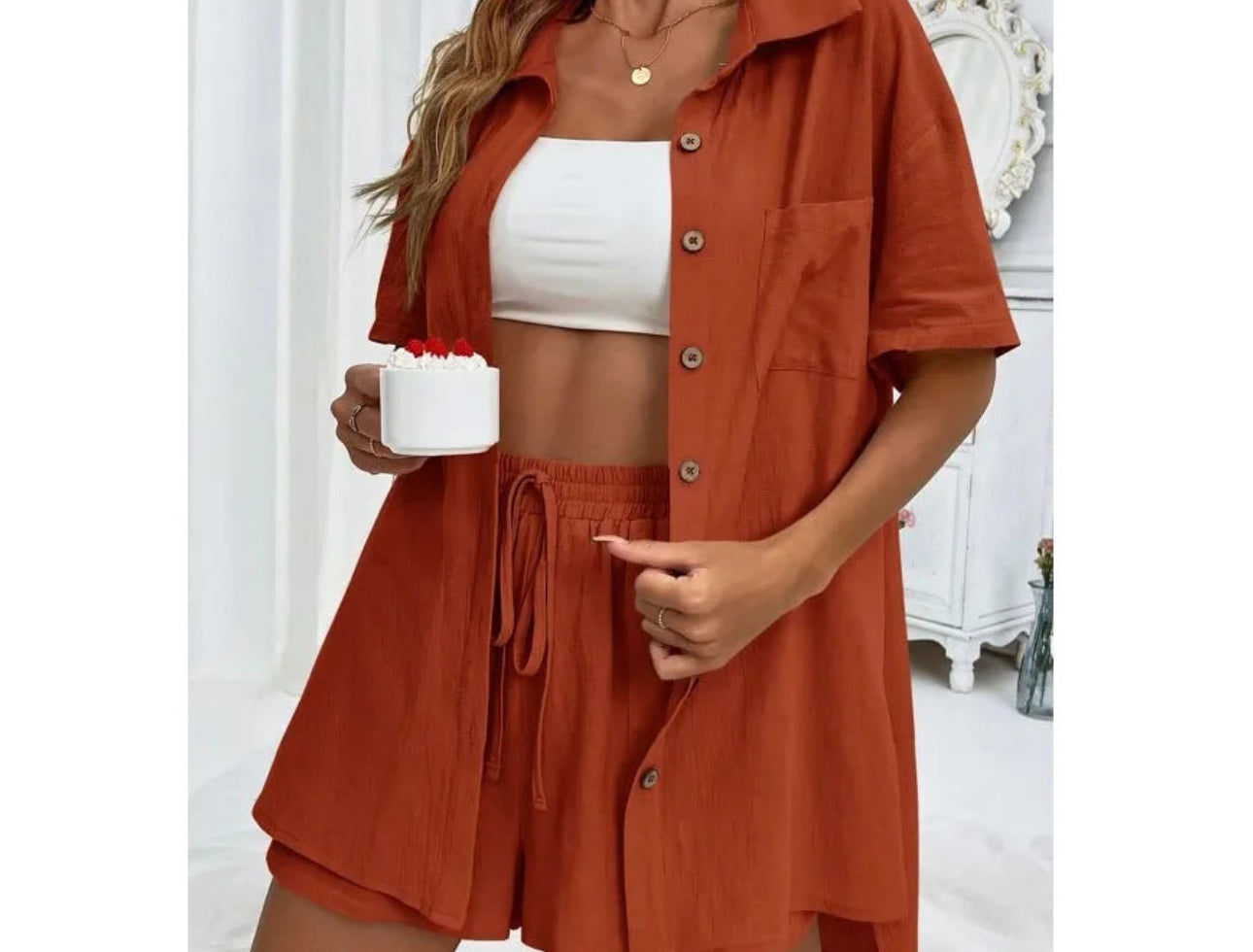 Women's Summer Cotton Linen Short Sets 2 Piece Half Sleeve Shirts Tops Sweatsuit Vacation Beach Outfits