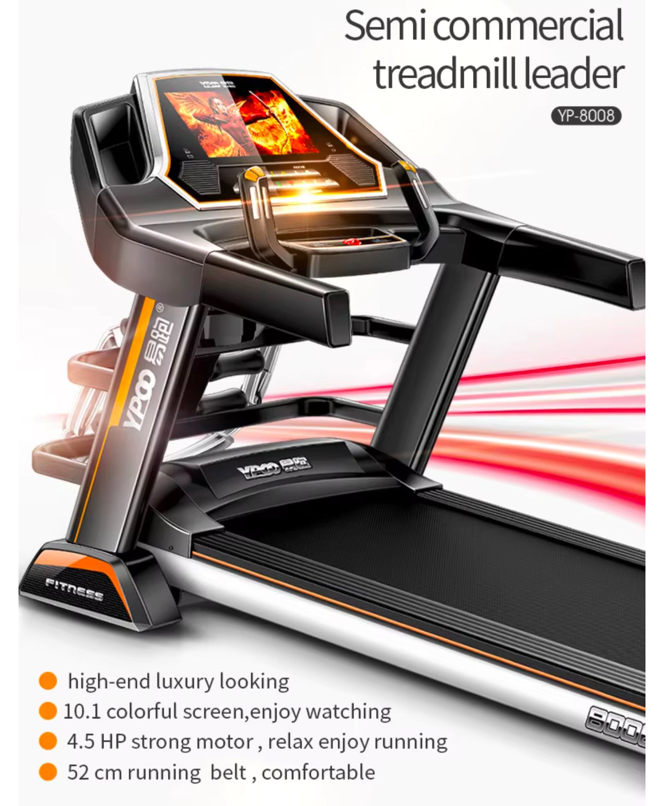 PRO-SPORTZ 8008 (F88)Digital Treadmill Exercise Fitness Machine 150KG Semi Commercial Treadmill With Kinomaps, Swift & Yfit Apps. 7” TFT Screen & Bluetooth.