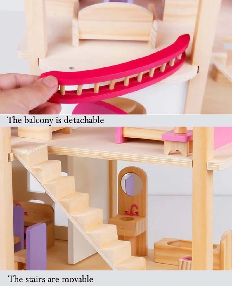 Kids Wooden Doll House with Doll Room Furniture Toys