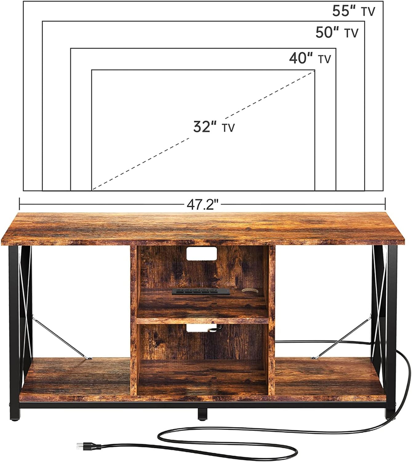 Rustic Brown Wood TV Stand with Charging Station and Storage Shelves