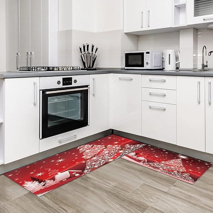 Red Sparkling Christmas Tree Kitchen Rugs