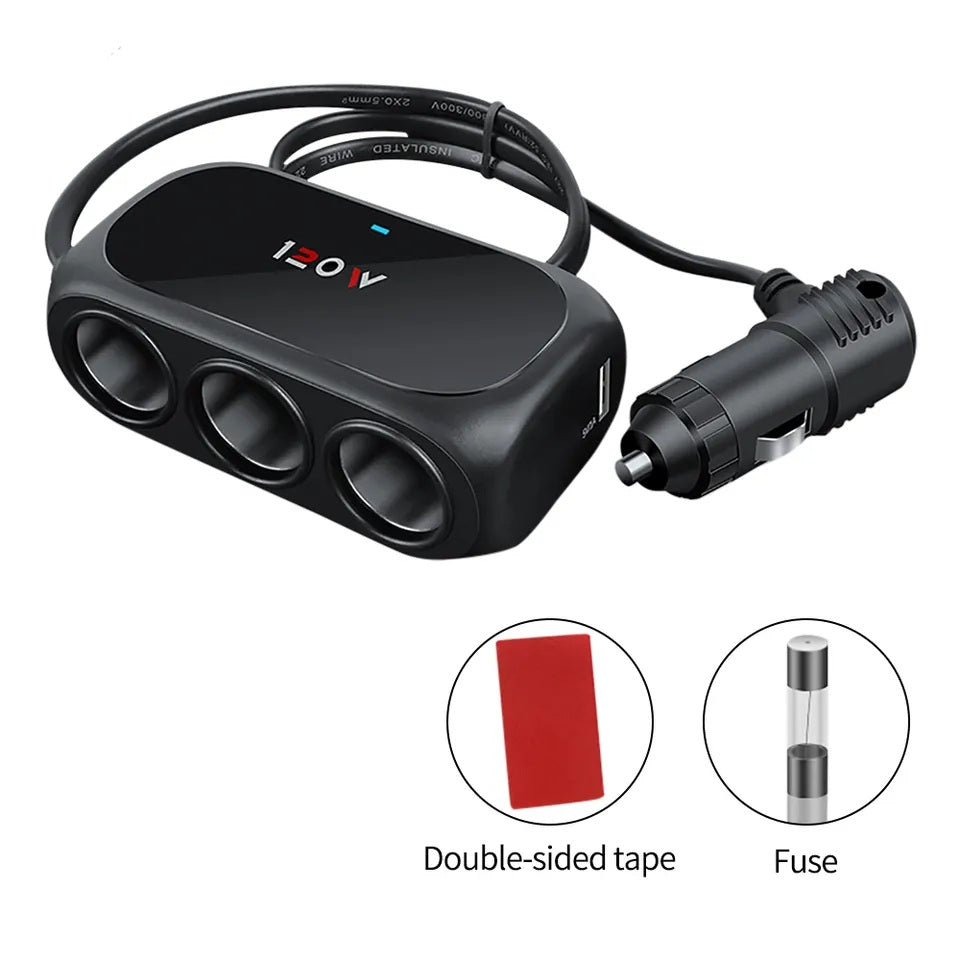 Universal Car Cigarette Lighter Socket 3 Way Power Adapter 120W LED Splitter Dual USB Charger