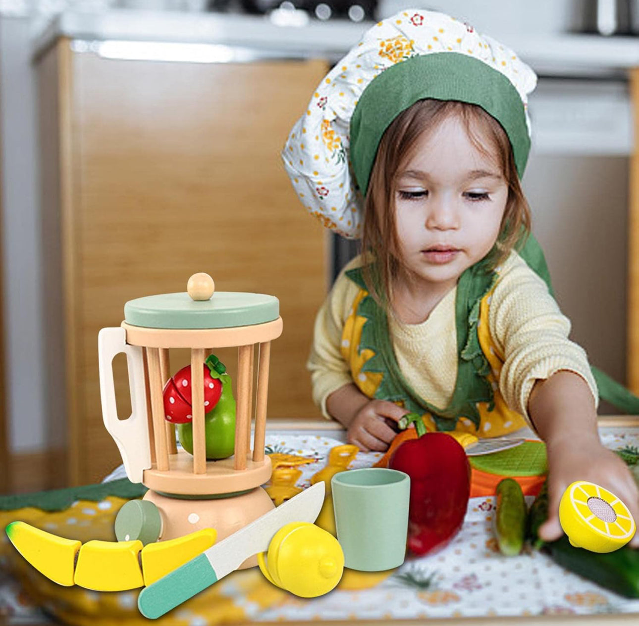 Wooden Blender Toy - Wooden Kids Smoothie Maker Set - Wooden Kitchen Toys Hildren's Simulation Fruit Cut Joy Toy Mixer Food Play Kitchen Accessories