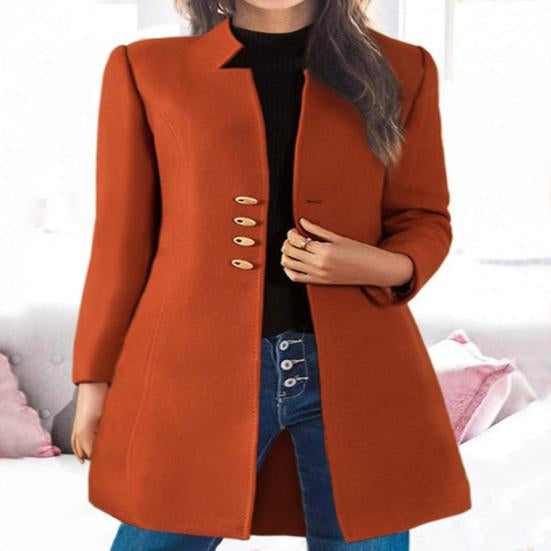 Women Autumn Winter Mid-length Woolen Coat Notched Collar Long Sleeve