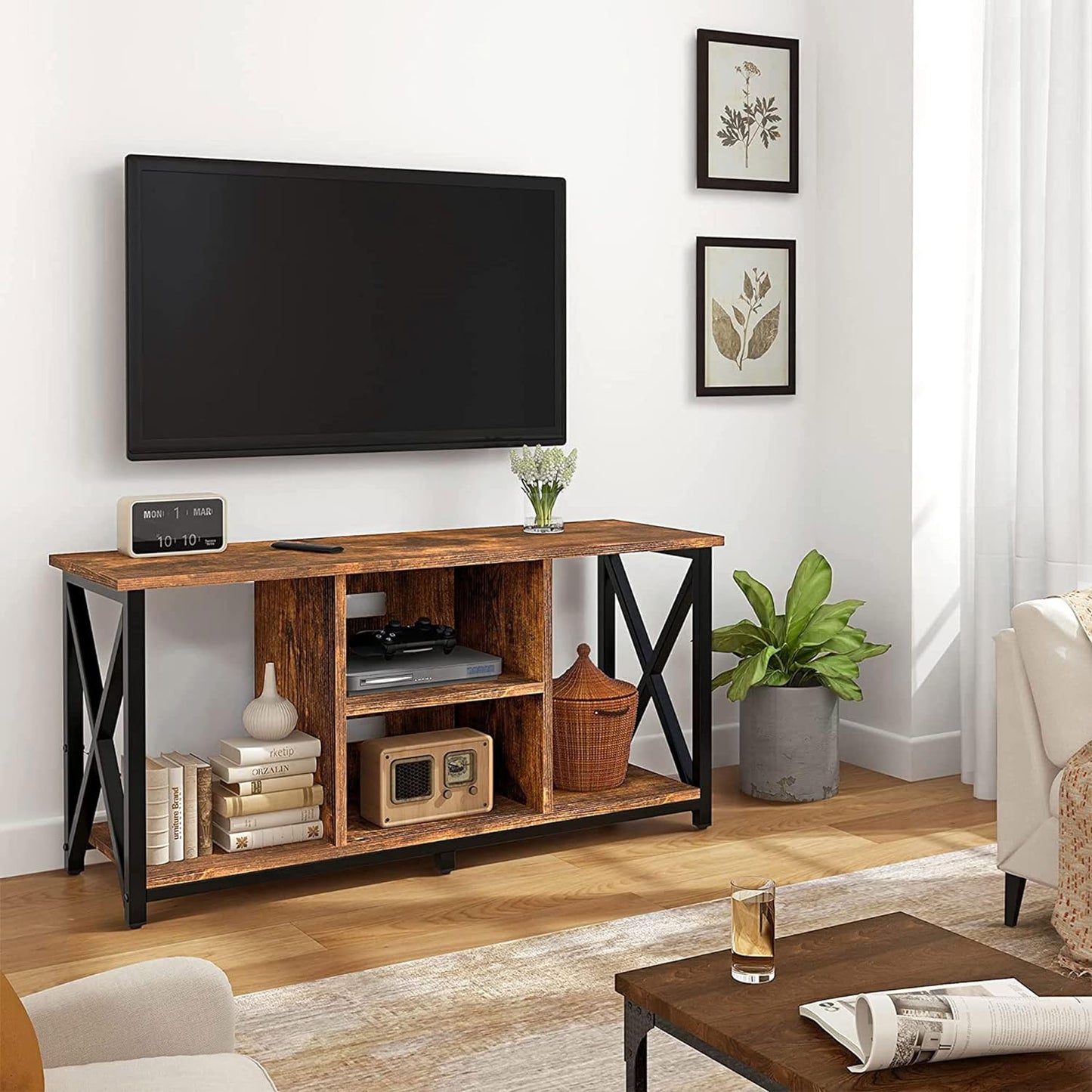 Rustic Brown Wood TV Stand with Charging Station and Storage Shelves