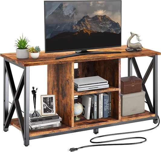 Rustic Brown Wood TV Stand with Charging Station and Storage Shelves