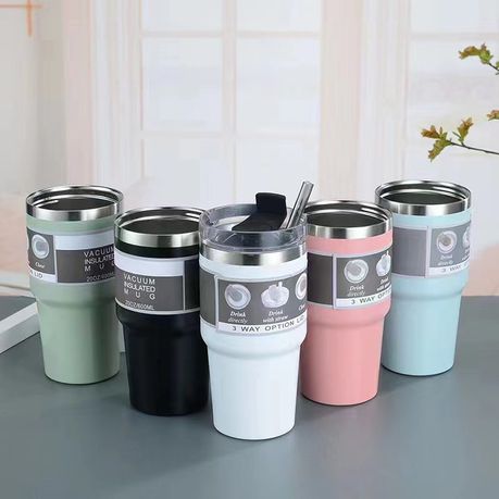 600ML Stainless Steel Travel Portable Vacuum Insulated Flask Cup with Straw - White