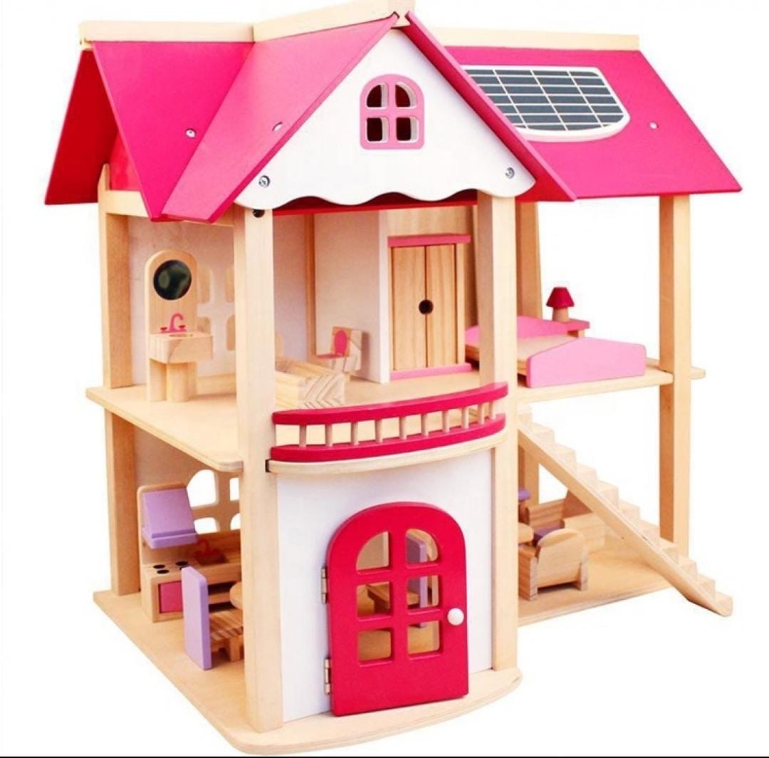 Kids Wooden Doll House with Doll Room Furniture Toys